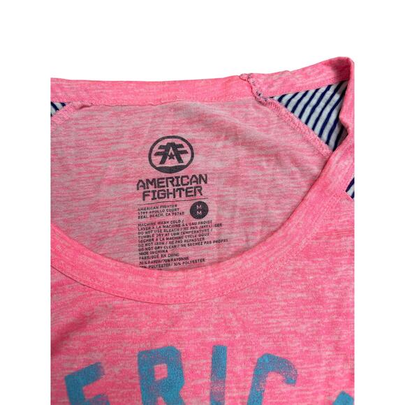 American Fighter Women’s Raglan Baseball Tee Medium Pink Blue Striped Graphic - Picture 2 of 7